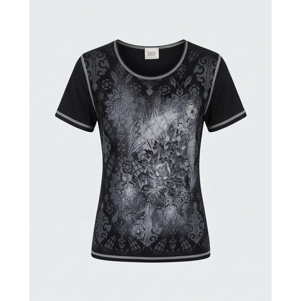 Jostar M Short Sleeve Y2K Floral Graphic Tee Black Silver Acetate Spandex USA